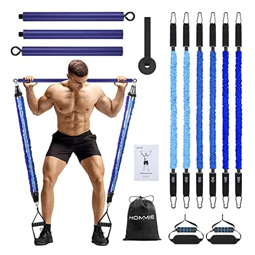 Hommie Portable Pilates Bar Kit with Resistance Bands for Men and Women，Upgraded 3 Section (20/40/60lb) for Home Gym Equipment Supports Full-Body Workouts