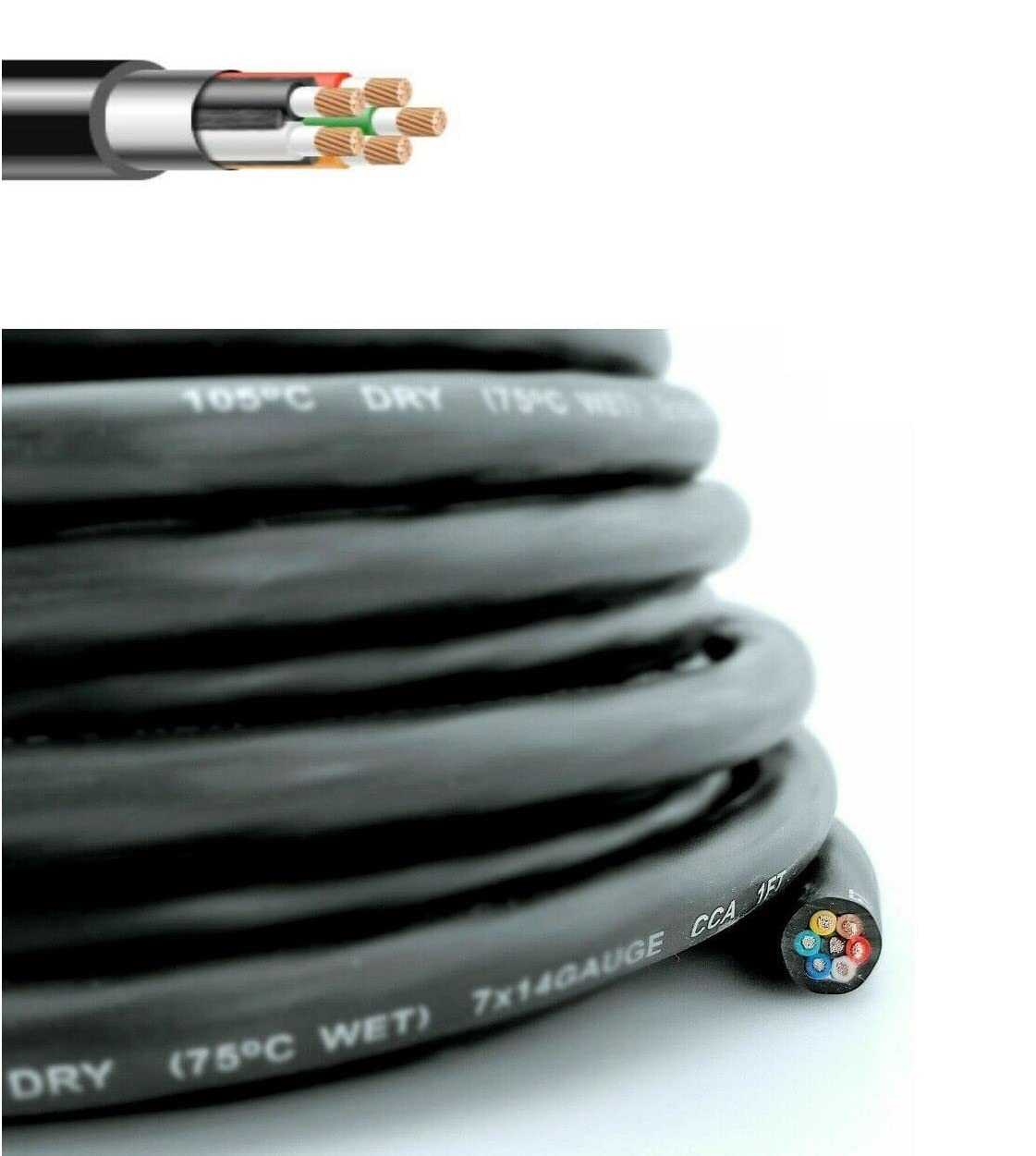 14 Gauge 7 Way Conductor Extension RV Trailer Wire Cable Wiring Insulated - 25 Feet 14/7, CCA Copper Clad Aluminum