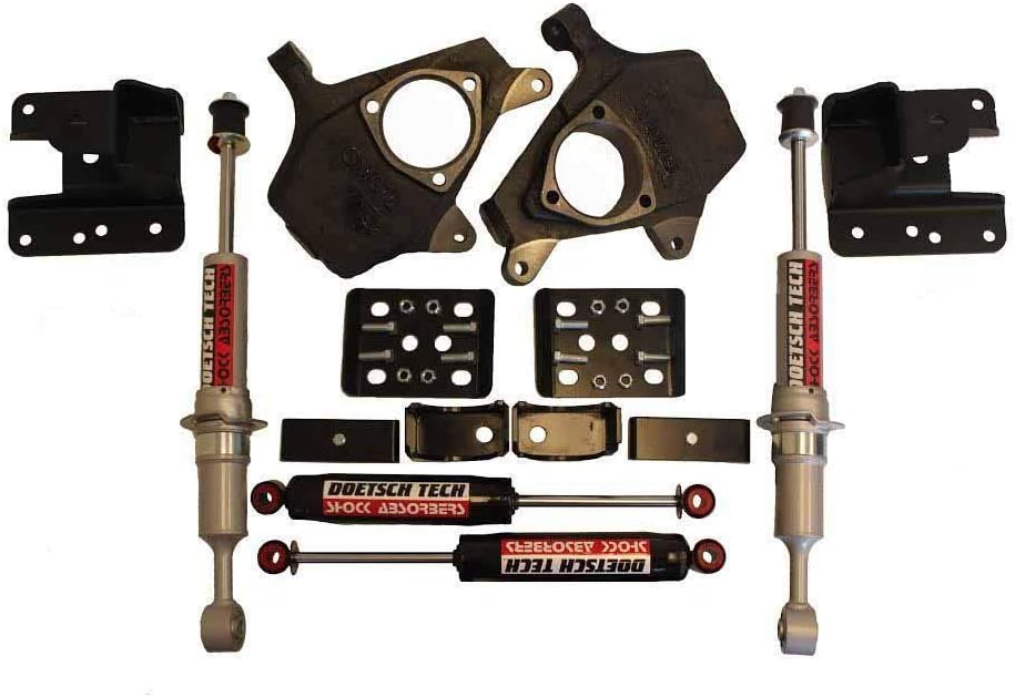 RTZ - Compatible with Chevrolet GMC Silverado Sierra 1500 Pickup Lowering Kit 3" Drop Spindles & Front Strut Combo + Adjustable 5" Rear Flipkit Kit + Doestch Tech Premium Nitrogen Gas Shocks 4WD