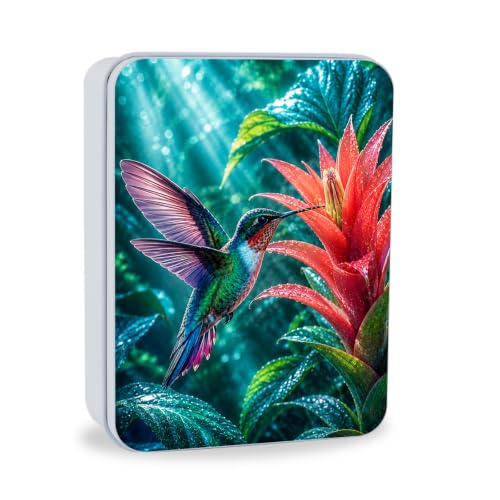 Image of Decorative Metal Tin Box with Lid,Hummingbird Orchid Organizer