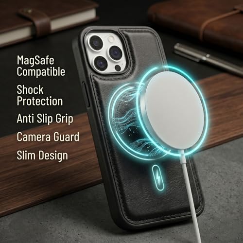 Image of amazon basics Premium PU Leather Case for iPhone 15 Pro Max, MagSafe Compatible Magnetic Ring, Sleek Protective Back Cover - [Black]