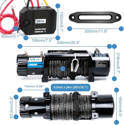 PROFLine Electric Winch 13000 lbs ATV Winch 12V with Synthetic Rope and Hook Truck Winch with Hawse Fairlead Remote Control for Towing UTV SUV Off Road Vehicle - Thumbnail 2