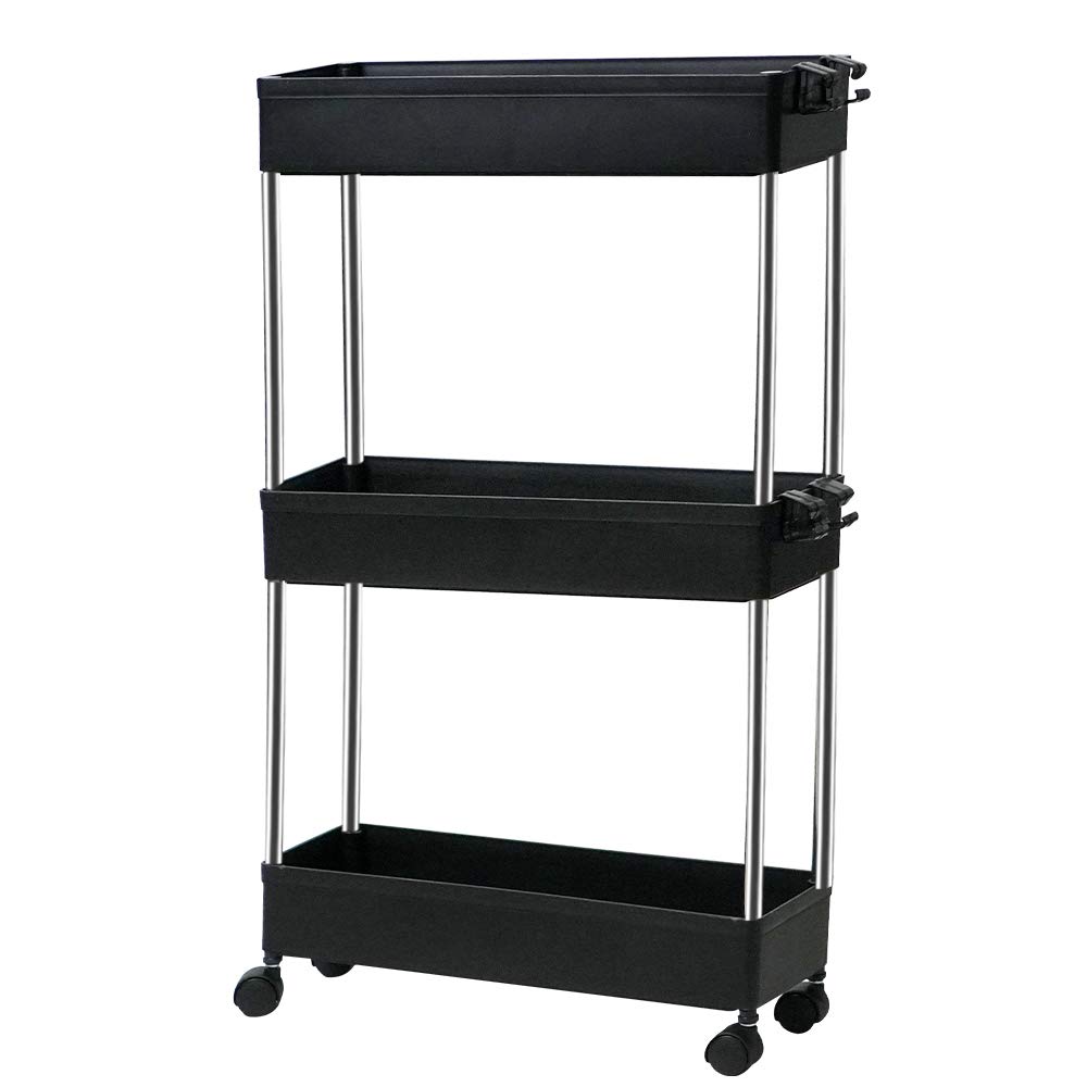 T-LOVENDO.ES Carro de Cocina Estrecho Alto con Ruedas. Carrito Auxiliar Organizador verdulero. Almacenaje Vertical cajones de plástico. 3 Niveles, Negro