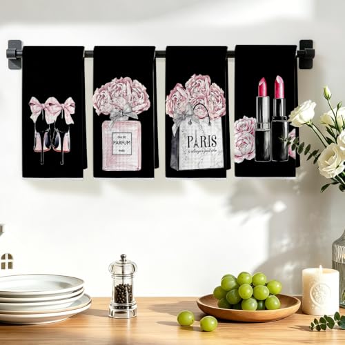 Image of 4 Pcs Black Fashion Hand Towels, Perfume Bow Decor Reusable Dish Towels