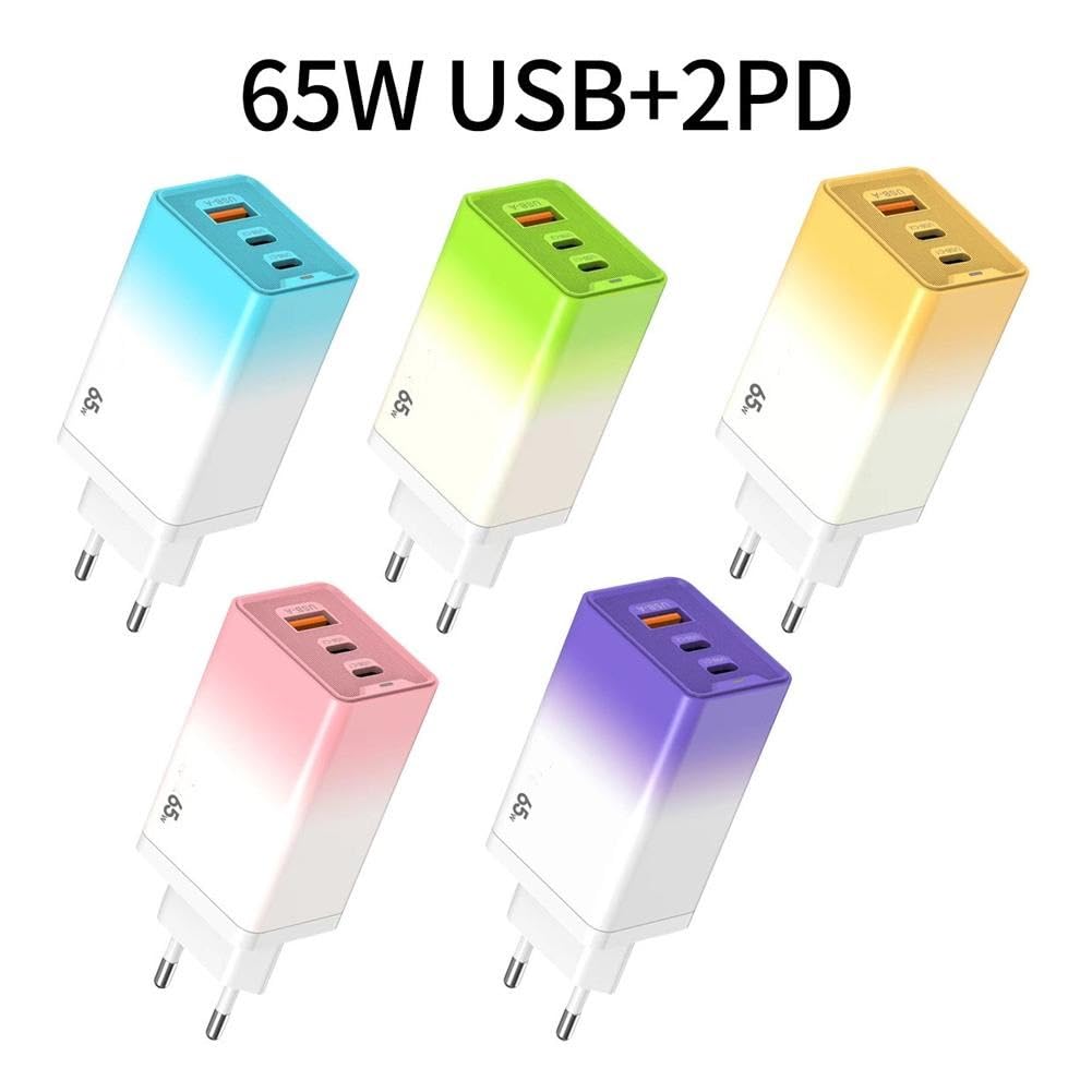 Cargador de viaje GaN de 65 W, cargador USB GaN de 3 puertos, con cable USB y 2 PD, estación de viaje de carga rápida para teléfono y portátiles (rosa)