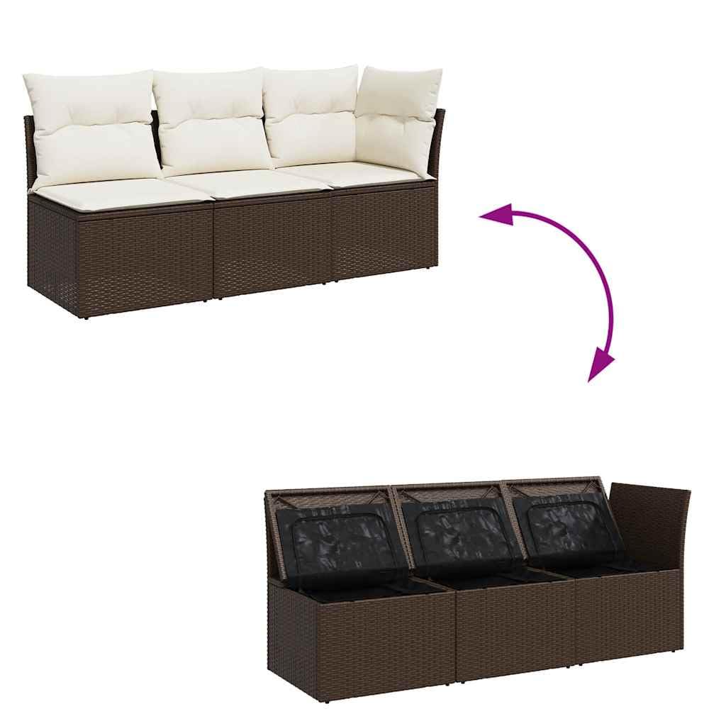Divano da Giardino 3 Posti con Cuscini, Set Salotto Esterno in Polyrattan Marrone, Design Modulare con Van Portaoggetti, per Terrazzo e Giardino, Colore Marrone, 172 x 62 x 69 cm