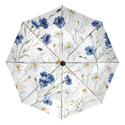 Parapluie pliant automatique coupe-vent voyage homme femme motif chrysanthème blanc bleu