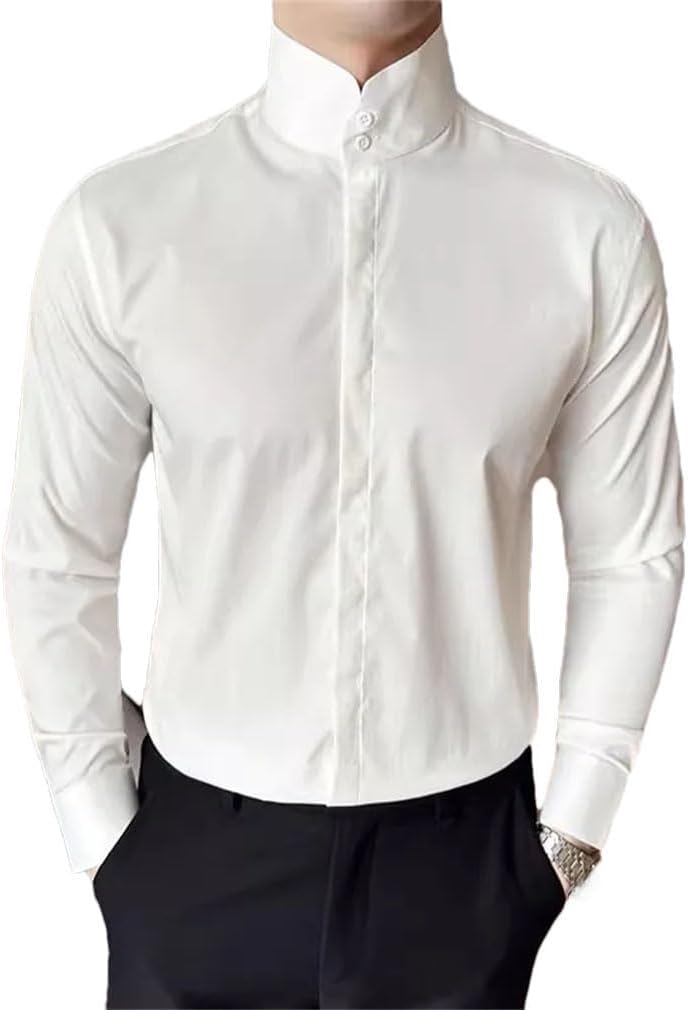 High Collar Shirts Men Solid Color Long Sleeve Business Casual Shirts Mens Slim Fit Stand Top