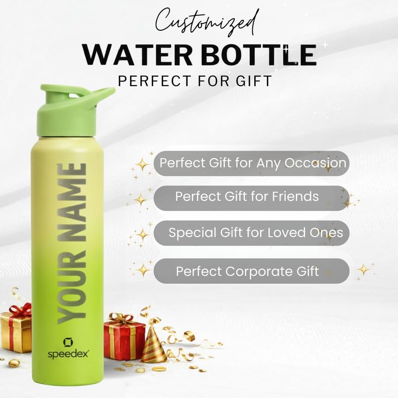 Image of Speedex Engraved Name Stainless Steel Sipper Water Bottle 1 Ltr - Customised Personalised Bottle for Kids & Adults, School, Gym, Sports, Lime Green, Set of 1