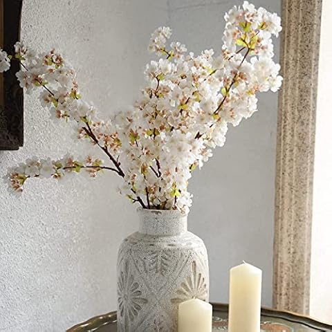 MISSPIN 3pcs 39 Inche Artificial Flowers White Cherry Blossom Branches Flowers Stems Silk Tall Fake Cherry Flower Arrangements for Home Wedding Table Decor (White) Cover