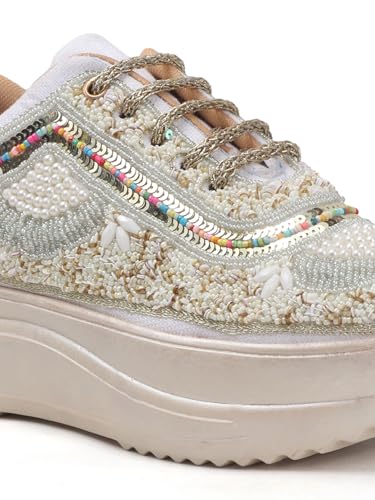 Image of LENSBURY Women Hand Embroidery Wedding Party Bridal Floral High Heel Sneakers I Cushioned Insole I Comfortable Wear Wedge Shoes I for Ladies and Girls LBCNV4037