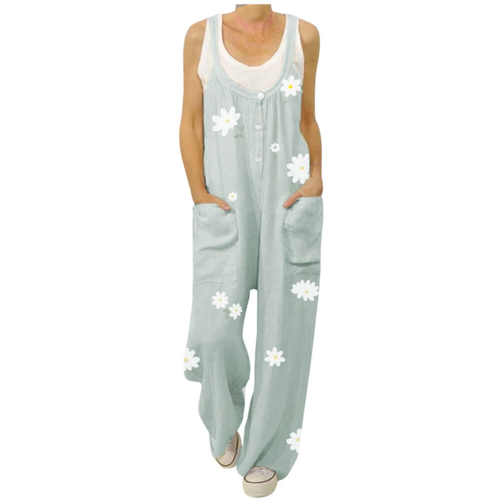 Generisch Salopette da donna baggy – pagliaccetto con motivo floreale a gamba larga, tuta oversize, tuta oversize, tuta oversize, tuta casual in lino con tasche