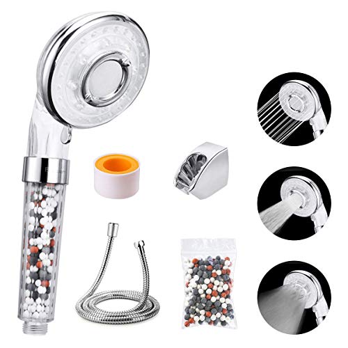 Baban Cabezal de ducha de alta presión con soporte para ducha y 1.5 metros Manguera flexible, 40% de ahorro de agua, ablanda el agua dura, viene para su reemplazo Con soporte para manguera