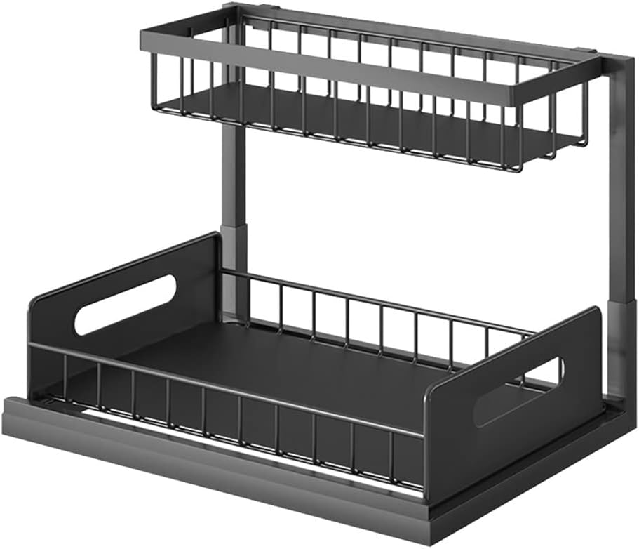 Multi Purpose Drawer Under Sink Organizer Space Saving Bathroom for Kitchen Cooking Sliding Basket 2 Tiers(D)