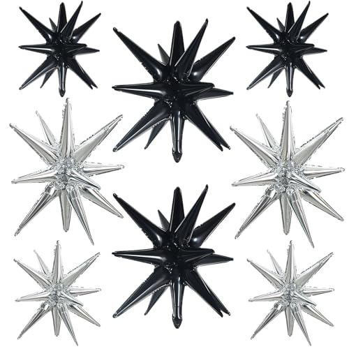 Image of TONIFUL 8 Pcs Explosion Star Balloons Black and Silver Foil Party Decor | 2 Size Mylar Star Balloon for New Year Party Decoration Graduation Mens Birthday Wedding Baby Shower Photo Booth Supplies