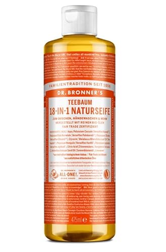 Dr. Bronners 18-IN-1 Naturseife | Organic Flüssigseife | Teebaum | Mit ätherischem Bio Teebaumöl | Duschgel, Handseife, Shampoo und vieles mehr | Mit Bio Kokos-, Oliven- und Jojobaöl | 475 ml
