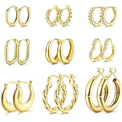 Pendientes Aros Dorados Gruesos FIOROYAL 9 Pares Pendientes Mujer Dorados 14K Oro Pendientes Aro Grueso Pendientes de Aro Grande Pendientes Hipoalergenicos Mujer Aros Dorados