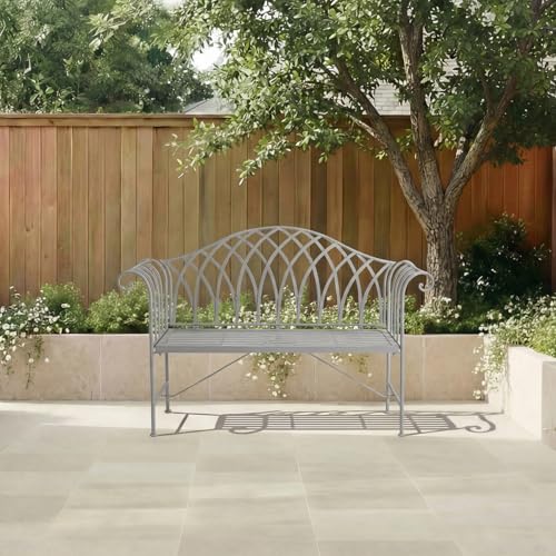 CHARLES BENTLEY Garden Bench, Grey, Contemporary Metal, Decorative, Lightweight, Weather Resistant, Outdoor, Patio, Balcony, Decorative Seating, Curved Armrest, Arch Detailing, 2 Seater (128x93cm)