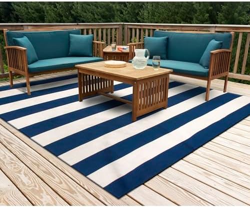 Liora Manne Sorrento Rugby Stripe Navy Reversible Lightweight Square Rug, 8'
