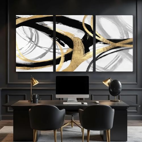 Image of DUWQU Triptych Black Gold White abstract Lines Canvas Wall Art 24x36 in x3 | Wooden frame, UV-resistant ink, Giclee printing process, Pre-installed hooks make it easy to hang home or office wall decor