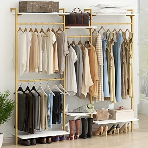 Gold Wall Mount Clothes Rack with 4 Hanging Rods, Clothing Rack with 6-Tier Adjustable Shelves, Closet Storage Organizer System Kit, Heavy Duty Garment Rack with Metal (80.43" L*78.62" H) (Gold) Cover