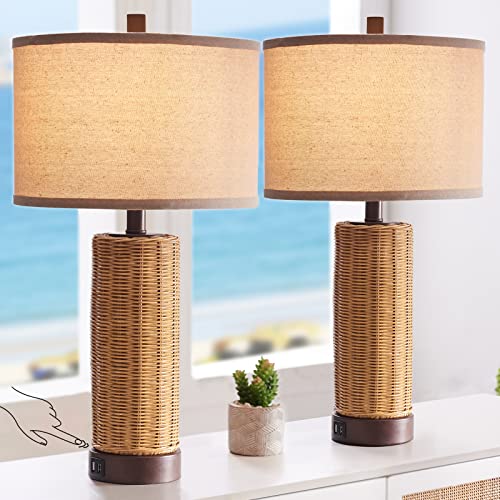 Roriano Set Of 2 Farmhouse Touch Table Lamps For Living Room, 3 Way Dimmable Rattan Lamp With 2 Usb Ports, Rustic Natural Seagrass Bedside Lamp For Bedroom Nightstand, 2 Led Bulbs Included (Farmhouse) #TOP3