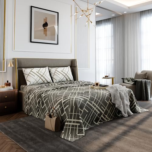 Image of Stoa Paris 100% Cotton Super King Bedsheet with 2 Pillow Covers for King & Double Beds,180TC Printed Bedding Set, Breathable, All-Season Comfort, Lightweight, Urbanscape - Beige Boulevard (274x274cm)
