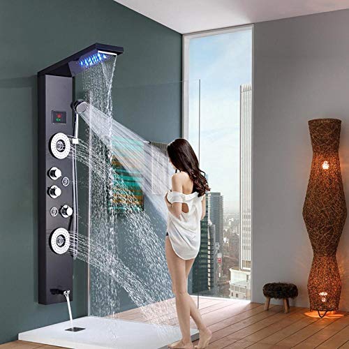 NTALJC Pannello Doccia Colonna Doccia a Cascata a Pioggia LED Digitale Nera con getti termali Laterali a Parete Set Doccia per Bagno-Blackend