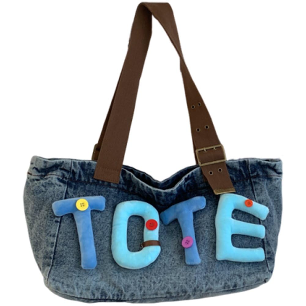 Sac à main tendance avec inscription 3D en toile denim grand volume