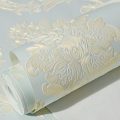 Wallpaper Peel And Stick Modern European Style 3D Embossed Damask Wallpaper Self Adhesive Contact Paper Removable Non-Woven For Bedroom Living Room Wall Covering 20.8" X 197" Light Blue #TOP5