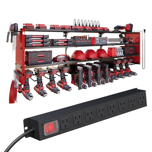 Image of 53 inch Power Tool Organizer Wall Mount with Power Strip, Heavy Duty Metal Tool Shelf, 400lbs Capacity for Cordless Drills, Batteries & Garage Storage (12 Slots with 8 Outlets Power Strip)