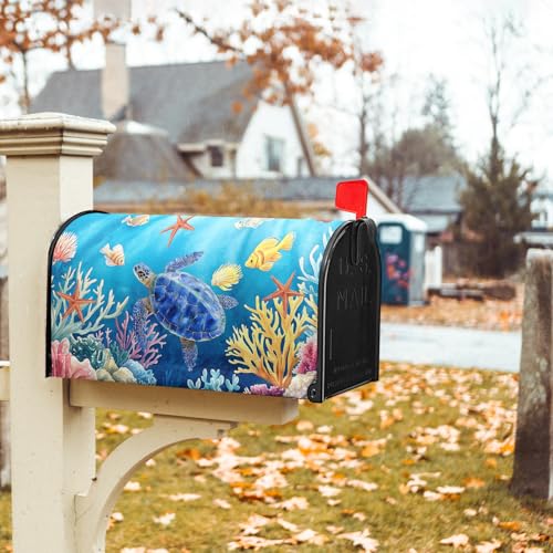 Image of Sea Turtle Mailbox Cover Magnetic 25.5x21 Inch- Summer Ocean Blue Tortoise Starfish Coral Mailbox Wrap Post Cover Large Size for Garden Yard Outdoor Outside Seasonal Decor