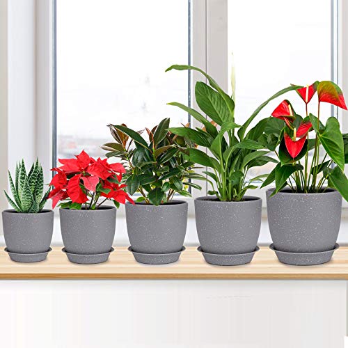 HOMENOTE Plastic Planter 7/6/5.5/4.8/4.5 Inch Flower Pot Indoor Modern Decorative Plant Pots with Drain Hole and Saucer for All House Plants, Succulents, Flowers, Speckled Gray - Thumbnail 2