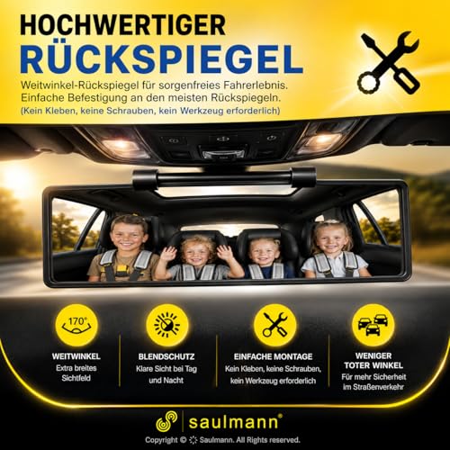 SAULMANN Auto Weitwinkel Auto Panorama Rückspiegel, [308 x 78mm] Universal zum Aufstecken, Blendschutz Auto Innenspiegel, gute Lösung für toten Winkel, für Autos, SUVs, LKWs (Klar)