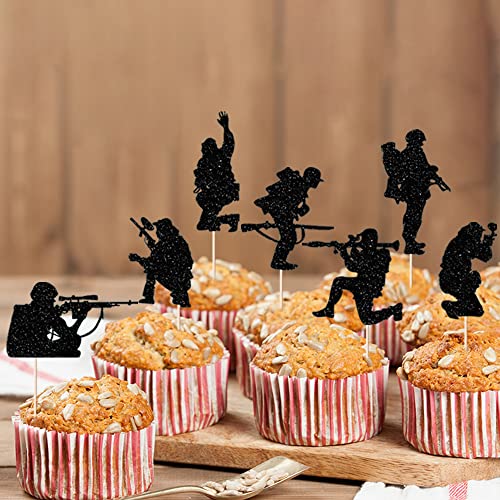 Military Themed Soldier Cake Toppers - 12 Pieces Paper Cups Black Glitter Soldier's Day, Veterans, Men's Birthday, Navy Army Special Forces Decorations #TOP5