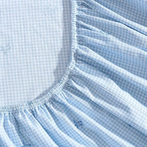 Image of Laura Ashley - Full Size Sheet Set, Soft & Lightweight Cotton Percale Bedding with Matching Pillowcases, Deep Pocket, Coastal Room Decor, College Dorm Room Essentials (Turtle Gingham Blue)