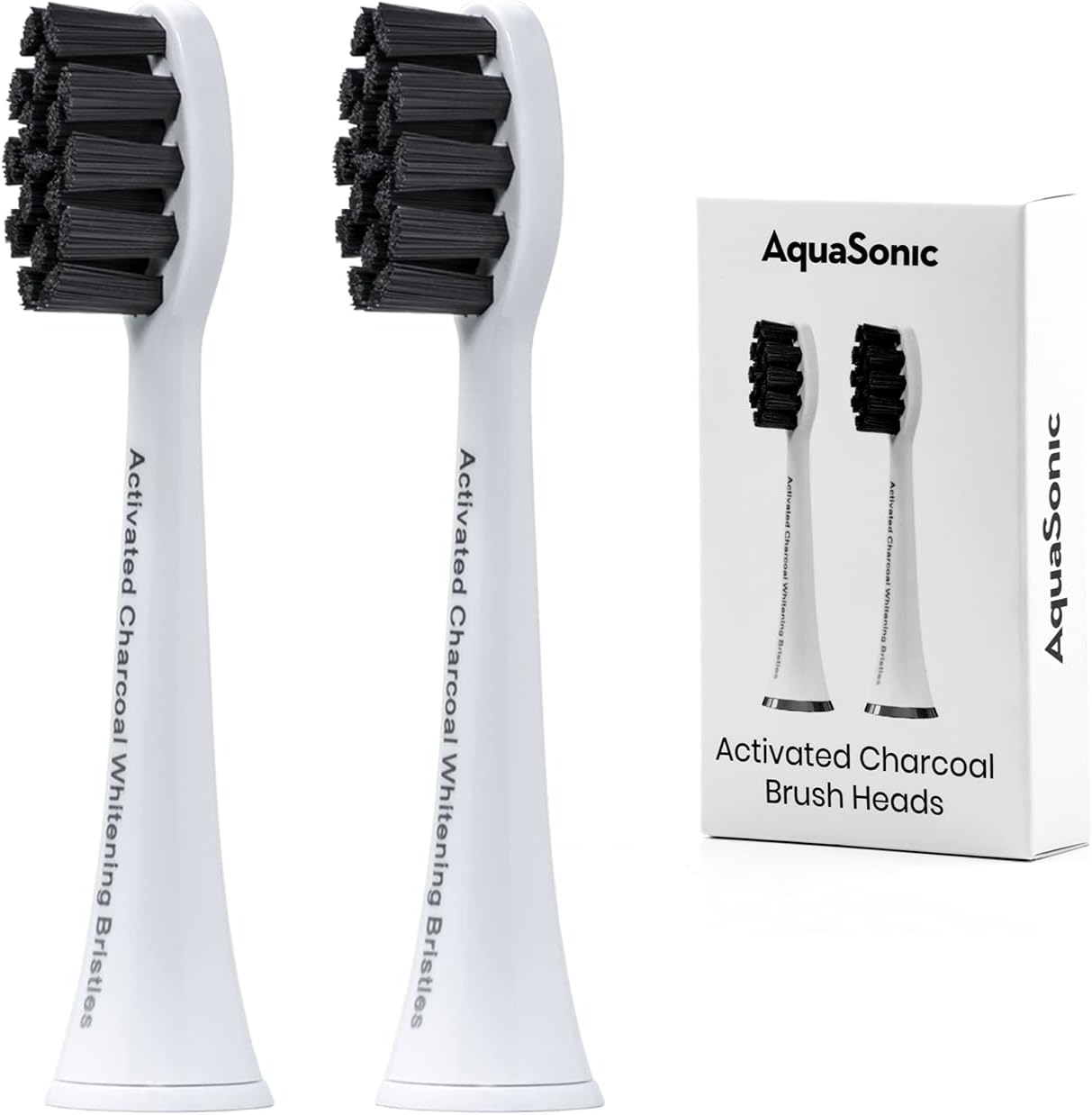 AquaSonic 2-Pack Activated Charcoal Brush Heads - Ultra Whitening Brush Heads - 2X Whitening & Stain Remover - for Black Series, Black Series Pro, Vibe Series, Duo Pro Series (White)
