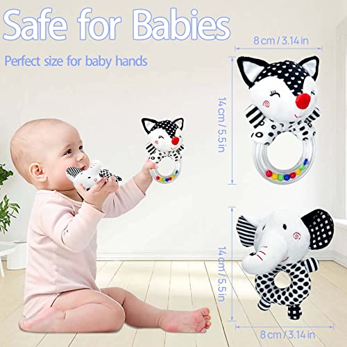 Baby Rattle Newborn Toys - Baby Rattles 0-6 Months High Contrast Black and White Toy 0-3 Month Babies Montessori Toy 6 to 12 Month Infant Teether Chew Toy Plush Stuffed Animal Shower Gift