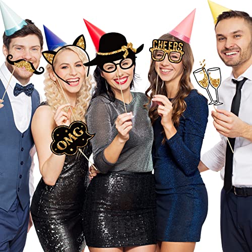 Outus 36 Pcs Birthday Photo Booth Props Kit Happy Birthday Graduation Wedding Party Favors Supplies Bday Party Decor 40th- 50th-60th Photobooth Funny Cute Holiday Selfie Supplies(Gold and Black)