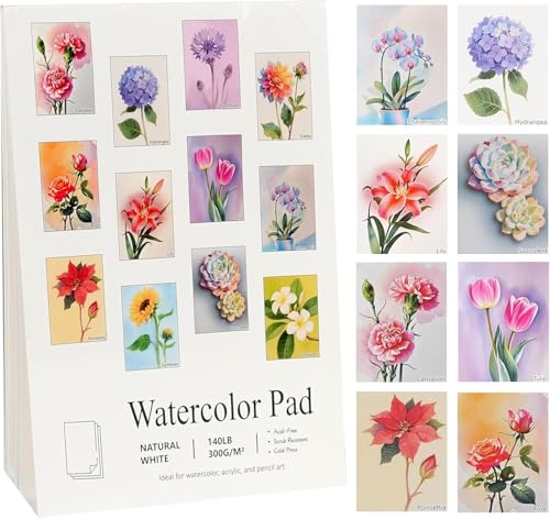 RGBMIX 12 Sheets Flower Watercolor Paper Book 6x8'' Watercoloring Paper