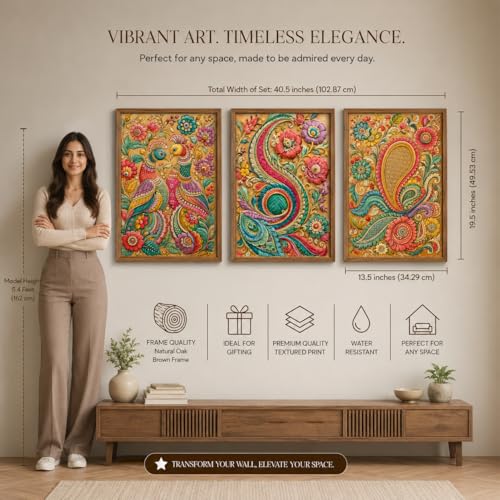 Image of Livin'luxe Set of 3 Colorful Peacock Paisley Floral Wall Paintings for Living Room Bedroom Home Decor with Premium Wooden Color Synthetic Frame (13.5 x 19.5 Inch) NM03-78