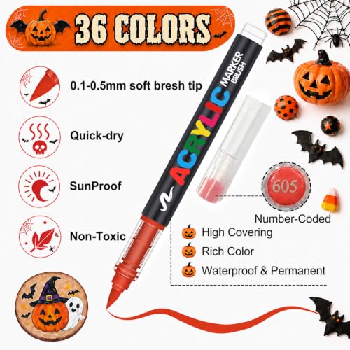 Image of Acrylic Paint Markers, Soft Brush Tip Pens and Markers, Acrylic Paint Pens for Wood, Stone, Canvas, Glass, Fabric, Egg, Rock Painting and DIY Craft Art Supplies (36)