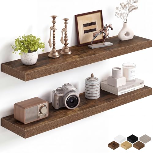 Image of Fun Memories 36Inch Floating Shelves for Wall, 8 Inch Deep Shelves for Bathroom|Bedroom|Kitchen, Large Wall Mounted Wood Hanging Shelf with Invisible Brackets for Home Storage Decor, Brown - 2 Pack