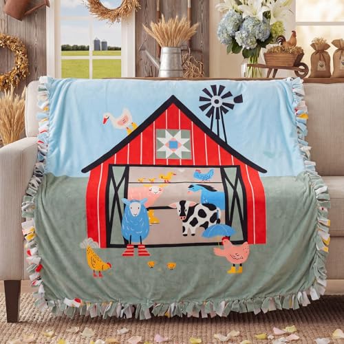 Image of Chumia 2 Pcs /1 Set Farm Animal DIY Tie Throw Blankets Farm Party Fleece No Sew Blanket Craft Kit 57 x 57 Inch Make Your Own Farmhouse Animals Blanket Farmhouse Animals Party Gifts for Bed Couch