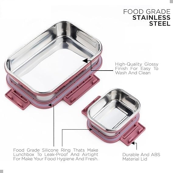 Image of Stainless Steel Lunch Box Set 1200ml (1000ml + 200ml), Leak-Proof Rectangular Tiffin Box with Mini Container, Food-Grade Lunch Box for Kids, School, Office & Travel (Pink)