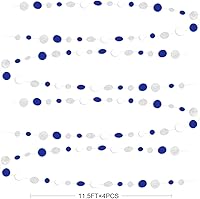 Vista 2 de Guirnalda de puntos circulares azul marino, blanco y plateado de 46 pies, serpentina colgante de papel con lunares azul real para cumpleaños, boda