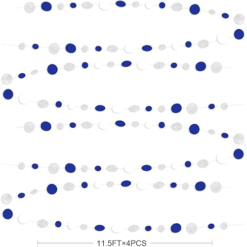 Miniatura 2 de Guirnalda de puntos circulares azul marino, blanco y plateado de 46 pies, serpentina colgante de papel con lunares azul real para cumpleaños, boda