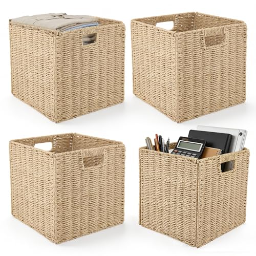 Yigowyigo Kallax Boxen 4er-Set Boxen Kallax Regal Körbe Geflochten Aufbewahrungskorb 30x30x30cm Natur Flechtkorb Regalboxen mit Griffen Storage Box für Regale Passend für KALLAX Regal Korb