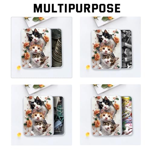 Image of Metal Tin Box with Lid for Game Cards Home Organizer Candles Keys Crafts Storage - Comes with 4 Magnetic Cord Clips，Cute Cats and Roses