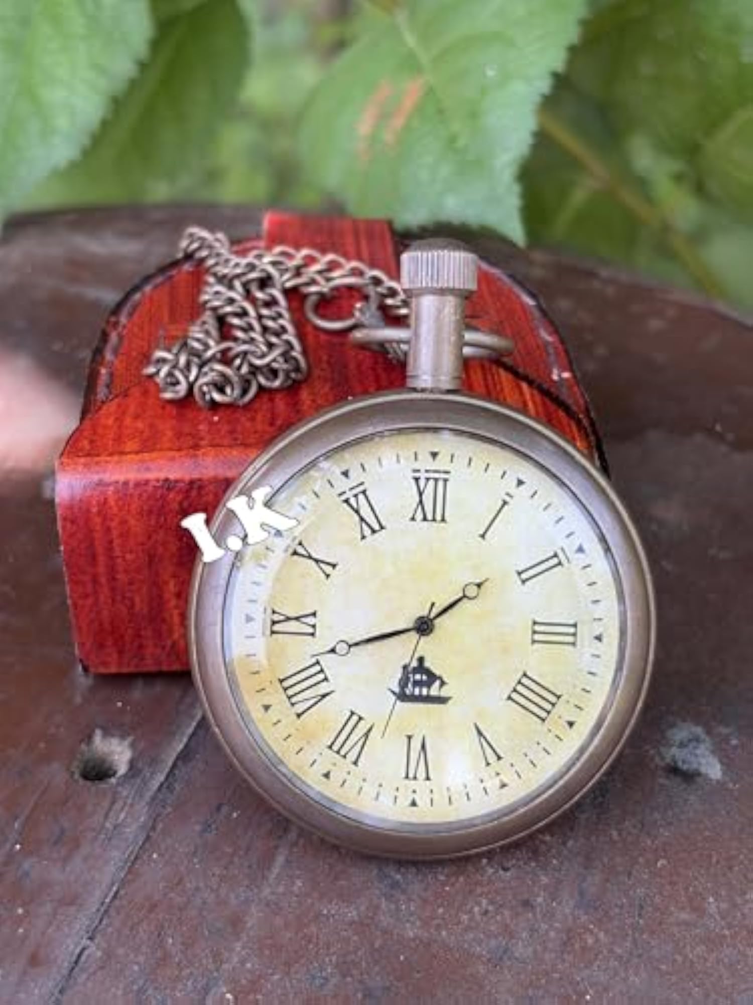 Vintage Brass Pocket Watch with Chain, Roman Numerals